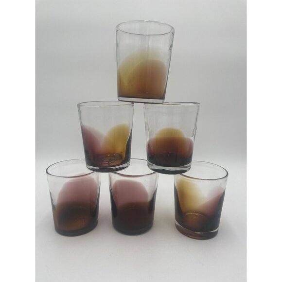 Set Of 6 Vintage Ombre Glasses - Retro Brown & Amber Fade Low Ball Tumblers - Picture 1 of 8